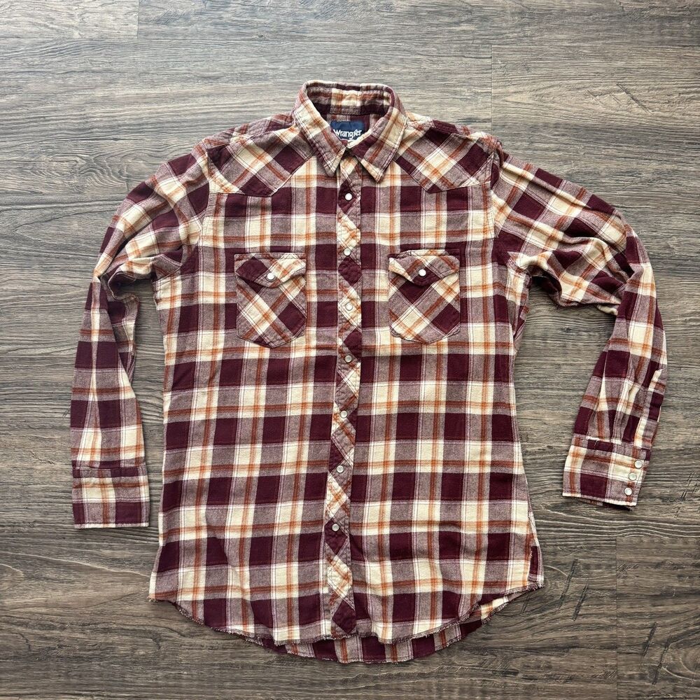 Wrangler Mens LT Red Plaid Flannel Western Snap Long Sleeve Shirt